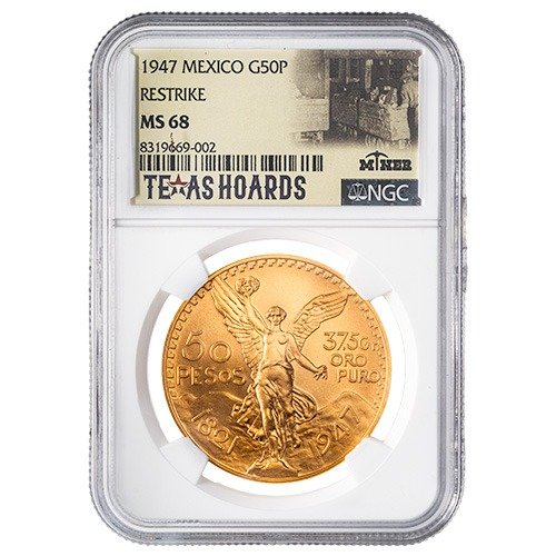 gmx50peso1947ngcms68texasrest 1947 mx gold 50 pesos ngc ms 68 restrike texas miner hoard obverse.jpg