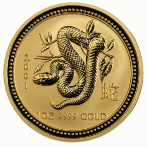 gpe01lunarsnake 1 2001 pe gold lunar year of the snake 1 oz coin rev.png