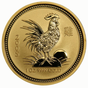 gpe05lunarrooster 1 1 2005 pe gold lunar year of the rooster 1 oz coin rev.png
