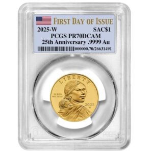 gus25sacagaweapcgspr70fdoi 05p 2025 us gold 25th anniversary sacagawea dollar pcgs pr 70 fdoi 12 oz proof front 1.jpg