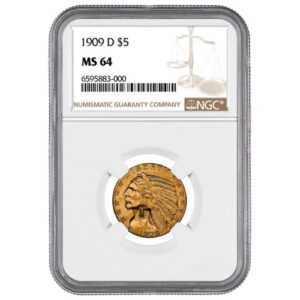 gus5indian1909dngcms64 02419 1909 d 5 indian head half eagle gold coin ngc ms 64 front.jpg