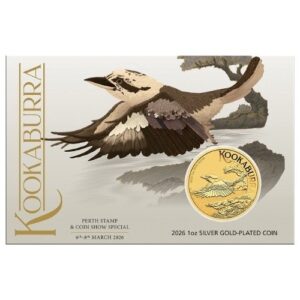 spe26kookgoldplate 1 2026 pe silver kookaburra 1 oz gold plated coin in card frontcard.jpg