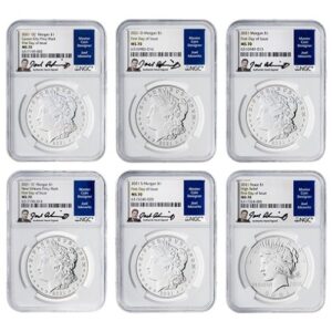 sus21mpsetngcms70fdoijoel 5154 2021 us silver morgan and peace dollar ngc ms 70 first day of issue 6 coin set joel iskowitz labels front.jpg