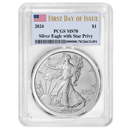 sus24asepstarprivypcgsms70fdoi 1 2024 p us silver eagle star privy pcgs ms 70 first day of issue 1 oz coin obverse.jpg