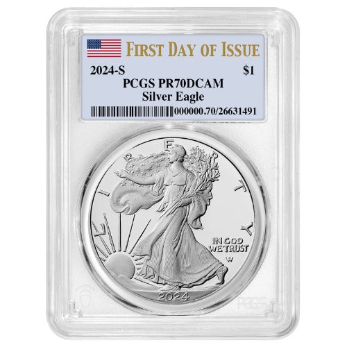 sus24asespcgspr70fdoi 1p 2024 s us silver eagle pcgs pr 70 first day of issue 1 oz proof front.jpg