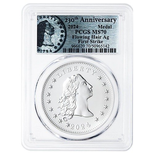 sus24flowingpcgsms70fs 1 2024 us silver 230th anniversary flowing hair pcgs ms 70 first strike 1 oz medal flowing hair label front.jpg