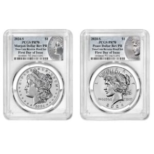 sus24mpsetpcgspr70fdoimp 1716rp 2024 s us silver morgan peace dollar pcgs pr 70 first day of issue reverse proof 2 coin set morgan peace labels set 2.jpg
