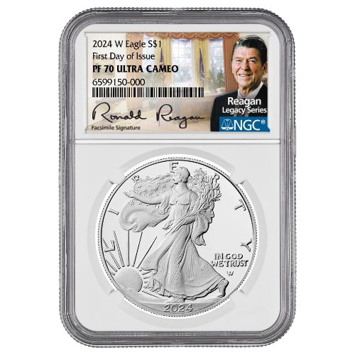 sus24wasengcpf70fdoireagan 1p 2024 w us silver eagle ngc pf 70 first day of issue ultra cameo reagan label 1 oz coin front.jpg