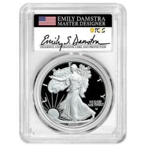 sus25asewpcgspr70ardamstra 1 2025 w us silver eagle pcgs pr 70 advance release emily damstra label obverse.jpg